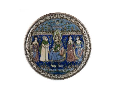 LARGE QAJAR POTTERY TILE,second half of the 19th century, decorated in polychrome enamels on a cobalt ground with a figural s