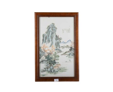 20TH CENTURY CHINESE CERAMIC PLAQUE,painted with a mountain landscape scene, in wood frame, 61cm x 39cm overall Condition rep