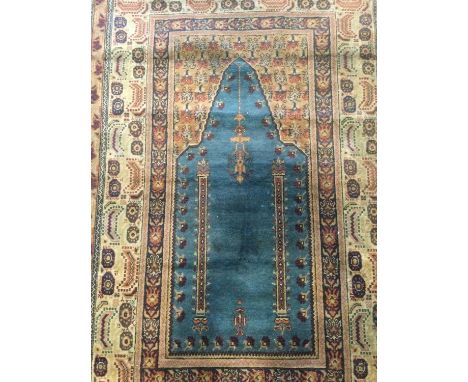 PERSIAN 'ARCH &amp; LANTERN' SILK RUG,of Tabriz design, 188cm x 120cmCondition report: Rug fairly stained throughout and will