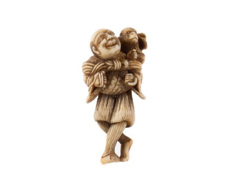 JAPANESE IVORY NETSUKE,Tokyo School, Meiji Period (1868-1912), carved as a male figure with monkey perched on shoulder, 5.6cm