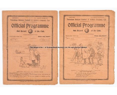 Two Tottenham Hotspur home programmes season 1912-13, Bolton Wanderers 9th November & Newcastle United 23rd November, Very fr