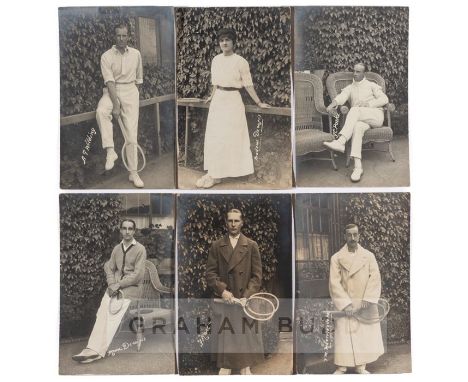 Six early individual tennis player postcards by Trim & Co., Wimbledon, featuring British and International players Max Decugi