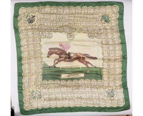 Silk scarf featuring central portrait of 1954 Derby winner Never Say Die, printed WINNERS OF THE DERBY FROM THE COMMENCEMENT 