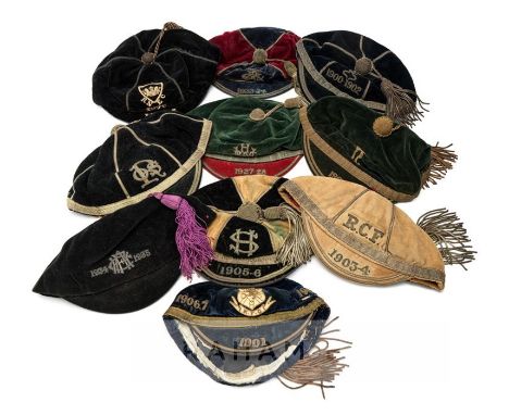 Collection of ten antique and vintage sporting representative caps, dating between 1900 and 1935, believed to be mostly for r