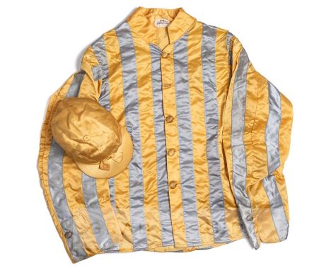 Vintage racing colours of Mrs F. Senior, owner of  1947 Doncaster Cup winner Trimbush, gold and silver stripes, gold cap, own