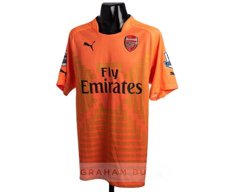 Wojciech Szczesny orange Arsenal No.1 away goalkeeper's jersey, season 2014-15, short-sleeved, BARCLAYS PREMIER LEAGUE sleeve