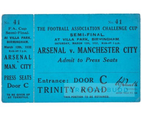 Rare 1932 F.A. Challenge Cup Semi-Final match ticket, Arsenal v Manchester City at Villa Park, 12th March 1932, blue card tic