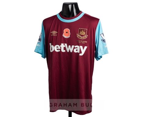 Winston Reid claret and blue West Ham United No.2 Poppy home jersey from the 2015 Premier League match against Everton at the