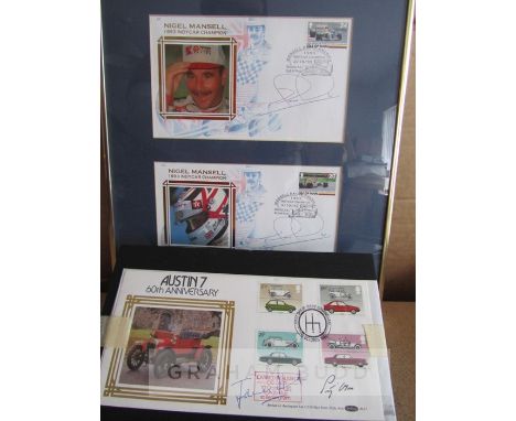 The autographs of British motor racing legends Stirling Moss, James Hunt, Nigel Mansell and Damon Hill,the Moss and Hunt sign