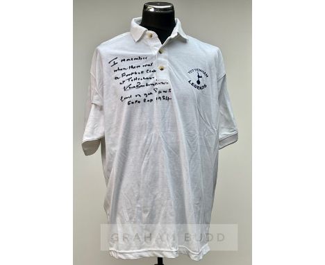 Keith Burkinshaw signed white Tottenham Hotspur Legends retro t-shirt,  short-sleeved with club crest, lettered TOTTENHAM LEG