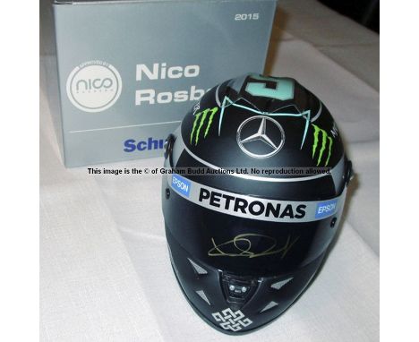 Nico Rosberg signed F1 memorabilia,comprising a signed Mercedes 2015 F1 mini helmet 1:2 scale, signed to the visor in gold ma