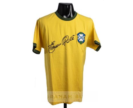 Pele signed yellow Brazil retro jersey, short-sleeved, CBD crest, signed EDSON PELE in black marker pen, sold with A1 Sportin