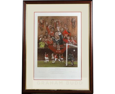 Signed Manchester United 1998-1999 celebration framed print entitled 'Treble Winners',limited edition coloured print after th
