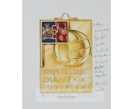 1968 European Cup Final Champions print signed by the winning team Manchester United,the image depicting the winner's medal, 