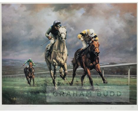 Graham Isom (contemporary)CHELTENHAM GOLD CUP 1989 (DESERT ORCHID & YAHOO)signed by the artist and by the winning jockey Simo