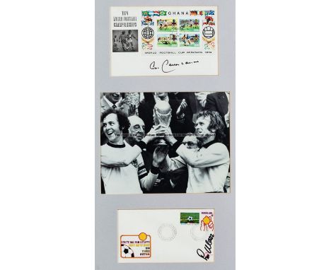 Franz Beckenbauer and Sepp Maier signed 1974 World Cup First Day Covers framed display,the signed FDC's either side of an 8 b