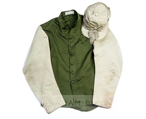 An antique set of jockey's colours circa 1900,neck label for Merry & Co. of St James's, London, satinised cotton, dark green 