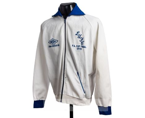 Syd Owen white Leeds United tracksuit jacket from the 1973 FA Cup Final,  long-sleeved with blue collar and cuffs, embroidere