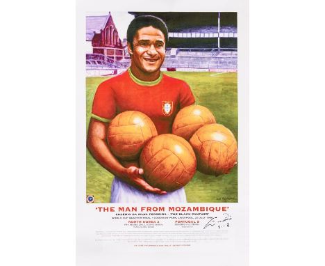 Eusebio signed 1966 World Cup themed print,titled 'The Man from Mozambique', artwork after Jose Palomares portraying Euesbio 