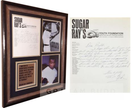 Boxing Legend Sugar Ray Robinson autographed manuscript letter framed montage,featuring two images of Robinson with engraved 