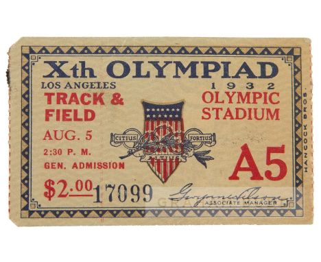 1932 Los Angeles Olympic Games Track & Field ticket,Obverse printed Xth OLYMPIAD LOS ANGELES 1932 TRACK & FIELD OLYMPIC STADI