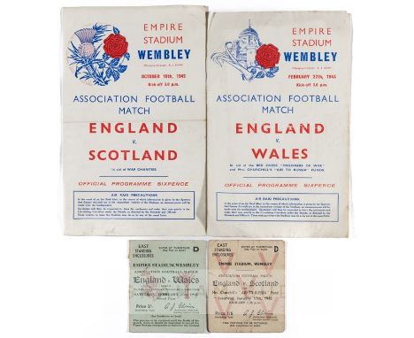 England match programmes and ticket stubs from 1942 and 1943, comprising match ticket stub v Scotland at the Empire Stadium, 