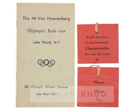 1932 Lake Placid Winter Olympic Games four man bobsleigh qualifying tickets and brochure,the two red card ticket tags, printe