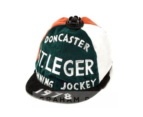 Edward Hide's 1978 St Leger winning jockey commemorative cap,the traditional memento for the winning jockey of the world's ol