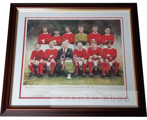 Manchester United 1968 European Champions official signed limited edition 25th anniversary framed print,numbered 432/1968, co