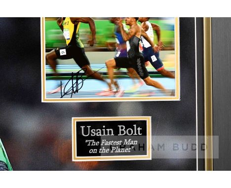 Usain Bolt "Fastest Man on the Planet" signed framed photographic presentation,featuring a very large colour photograph of Bo