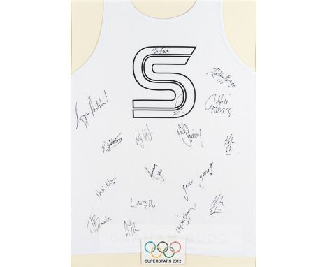 Multi signed 2012 Superstars Olympic Special Edition white competitor's singletwhite singlet with Olympic rings, Superstars S