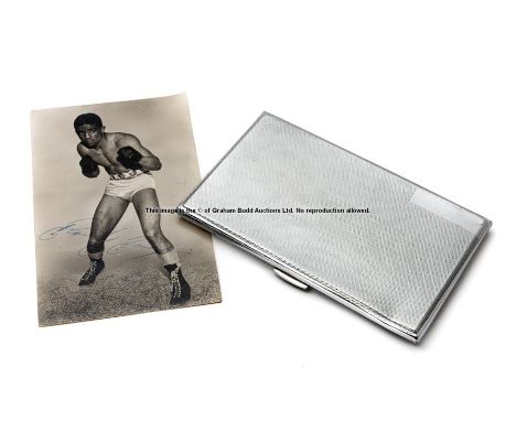 Randolph Turpin signed b&w photograph and cigarette case, photograph signed in blue ink, 5.5 by 3.5in.; with a silvered metal