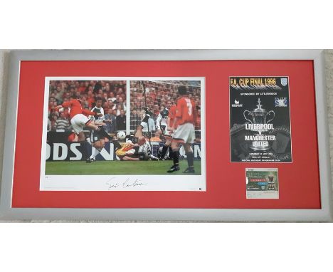 Eric Cantona signed Manchester United 1996 F.A. Cup Final framed presentation,comprising a signed colour photo print publishe