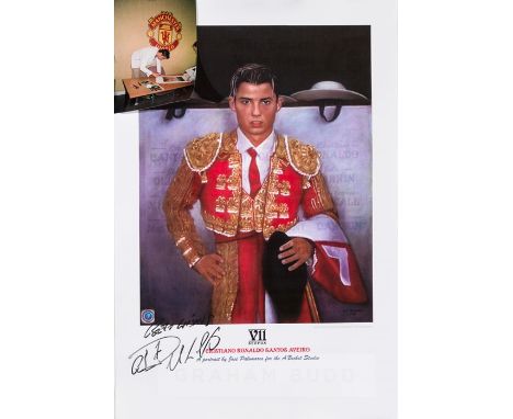 Cristiano Ronaldo 'matador' signed print,with artwork after Jose Palomares portraying the Manchester United player as a matad