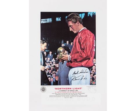 Denis Law signed print titled 'Northern Light',signed by Law in black marker, artwork after Jose Palomares portraying the Man