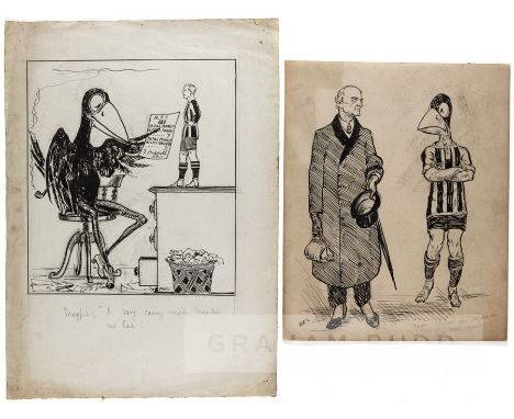 Six Newcastle United caricatures by Alfred Kingsley Lawrence, circa 1920, the first featuring Frankie Hudspeth with a seated 