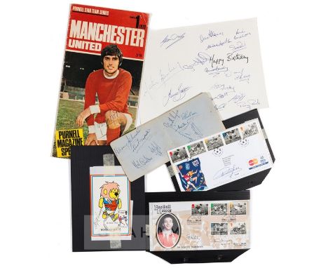 Autographed football memorabilia,including a George Best (cover) and Bobby Charlton (inside) signed Manchester United Purnell