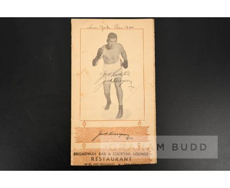 Jack Dempsey signed Broadway Bar & Cocktail Lounge restaurant menu,signed to the front cover by Dempsey over his fight pose p