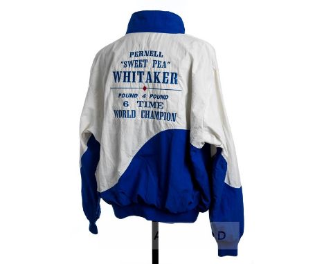 Pernell Whitaker former four weight World Champion worn training jacket,the blue and white zipped jacket with embroidered TEA