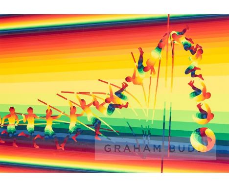 Takao Iijima (Japanese, b.1931), POLE VAULTING, circa 1988, colourful print depicting a pole vaulter in action, limited editi