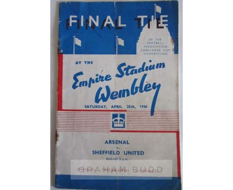 FA Cup Final Arsenal v Sheffield United on 25th April 1936,staple rust, light vertical fold, no writing, fair