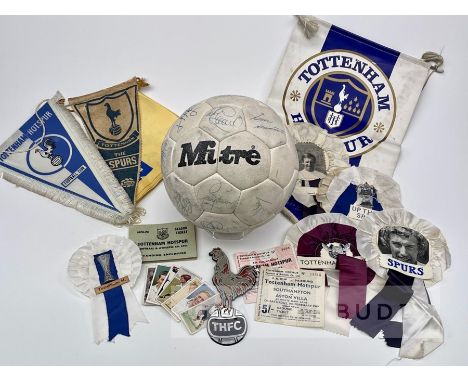 Tottenham Hotspur team signed Mitre football and fan memorabilia, circa 1985,  signatures include Falco, Lenworthy, Hoddle, B