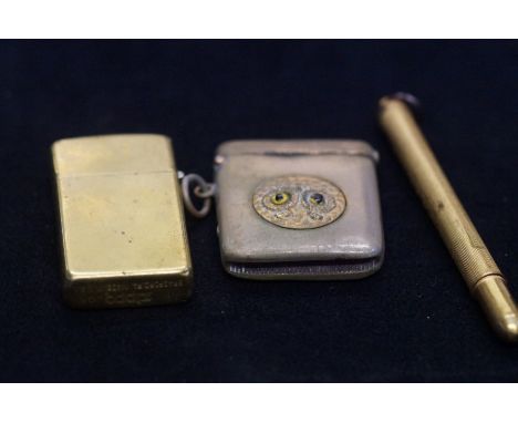 Brass Zippo lighter, Brass vesta case and Crawford's pencil 