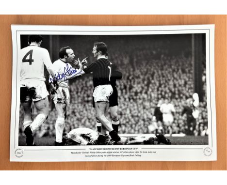 Football, Nobby Stiles signed 12x18 black and white photograph pictured during his time playing for Manchester united in the 