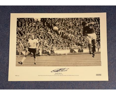 Geoff Hurst signed 16 x 23 black and white limited edition print. 1966 World Cup Final Geoff Hurst scores the first goal of h