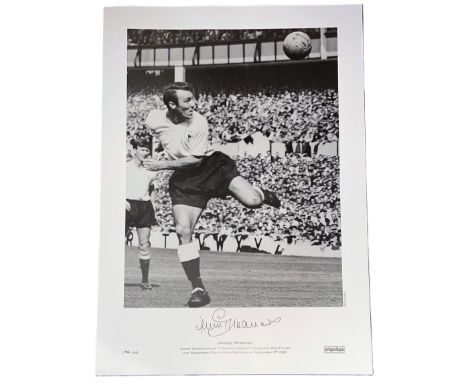 Jimmy Greaves signed 16 x 23 black and white limited edition photo. Photo shows Greaves heading Tottenham's first goal in the