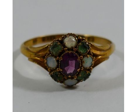 A Victorian 15 carat gold amethyst, opal and emerald cluster ring, Birmingham 1865, the cluster, 9mm x 10mm, finger size, P 1