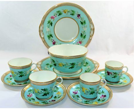 A 19th century Minton porcelain part tea and coffee service, with duck egg blue ground, hand painted with flowers and gilt ba