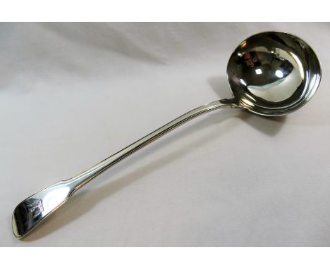 A George III silver fiddle and thread pattern soup ladle, London 1805 by William Eley and William Fern, engraved with the cre