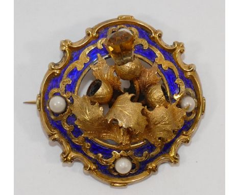 A Victorian gold and enamel Scottish cloak brooch, with central thistle relief decoration, the back inscribed 'Presented to m